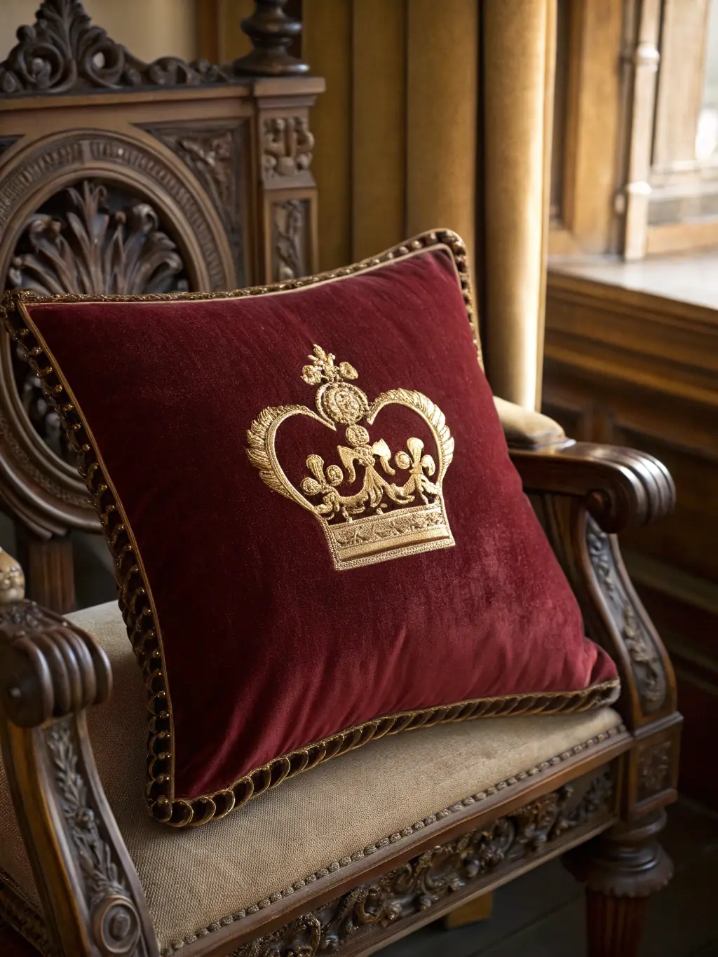 A pair of luxurious velvet slippers with a gold embroidered crest, placed on a plush Persian rug, conveying a sense of opulence and refinement.