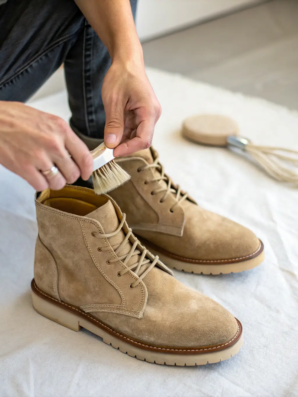 A pair of classic Chelsea boots in supple suede, set against a rustic brick wall, emphasizing the boots' versatility and rugged charm.