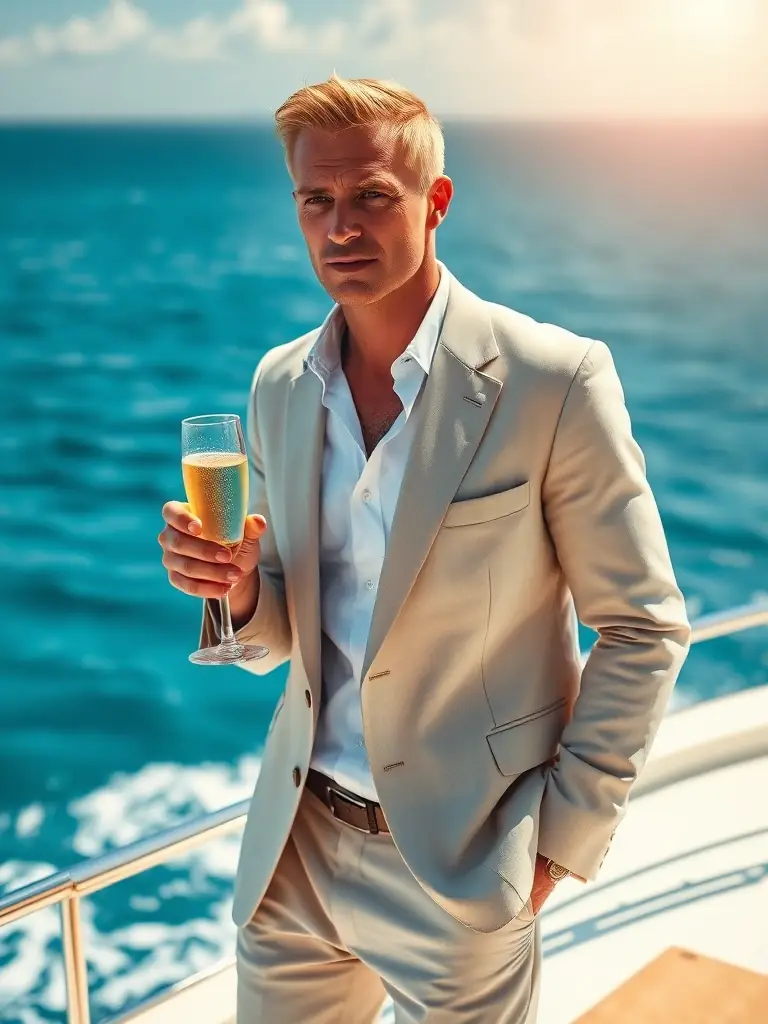 A sharply dressed man in a light linen suit stands confidently on a yacht, the azure sea stretching behind him, promoting sophisticated summer attire.