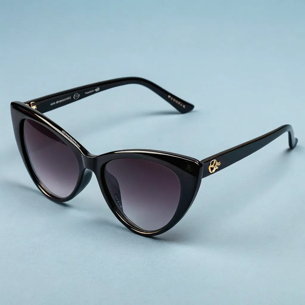 A pair of classic cat-eye sunglasses resting on a stack of retro fashion magazines.