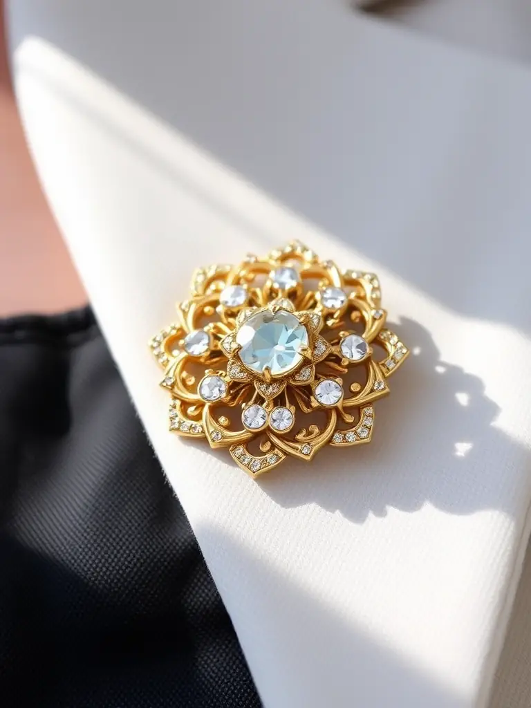 A close-up of a vintage brooch on a velvet glove, styled with soft pastel tones to evoke 1960s elegance.