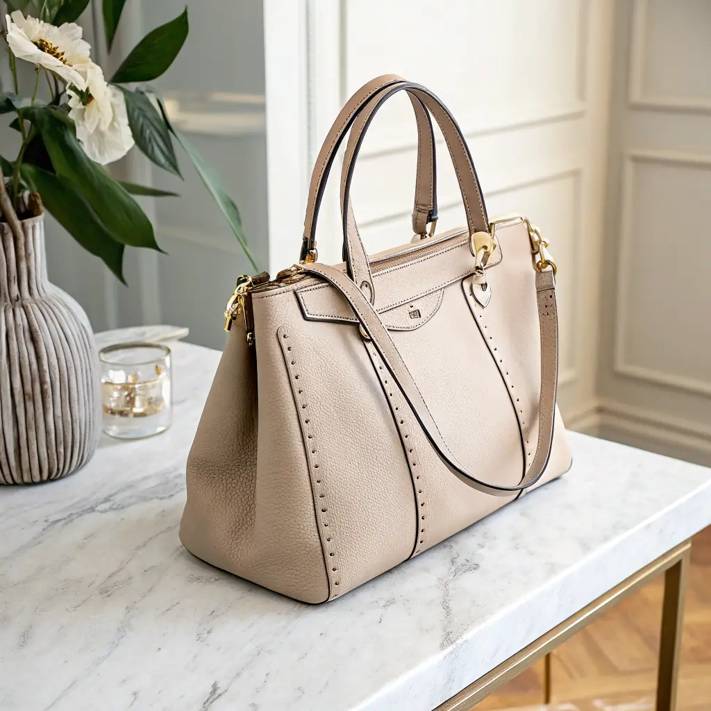 A retro handbag with bold geometric patterns, photographed on a marble tabletop with soft natural light.