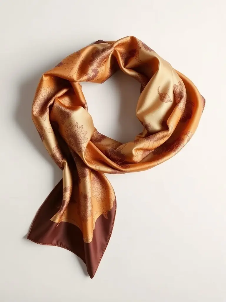 A close-up of a patterned silk scarf tied around the handle of a vintage leather suitcase.